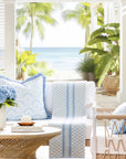 Palmira Stripes, Blue Throw Blanket, Woven Stripes and Tropical Leaves with Piping, 50"x70"
