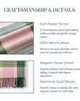 Rosecliff Tartan, Merino Wool Pastel Throw Blanket, Vintage Pink Green, 50"x70"
