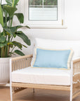 Coastal Hampton Style Indoor Outdoor Lumbar Pillow Cover, Fringe, Solid Baby Blue, 12"x20"