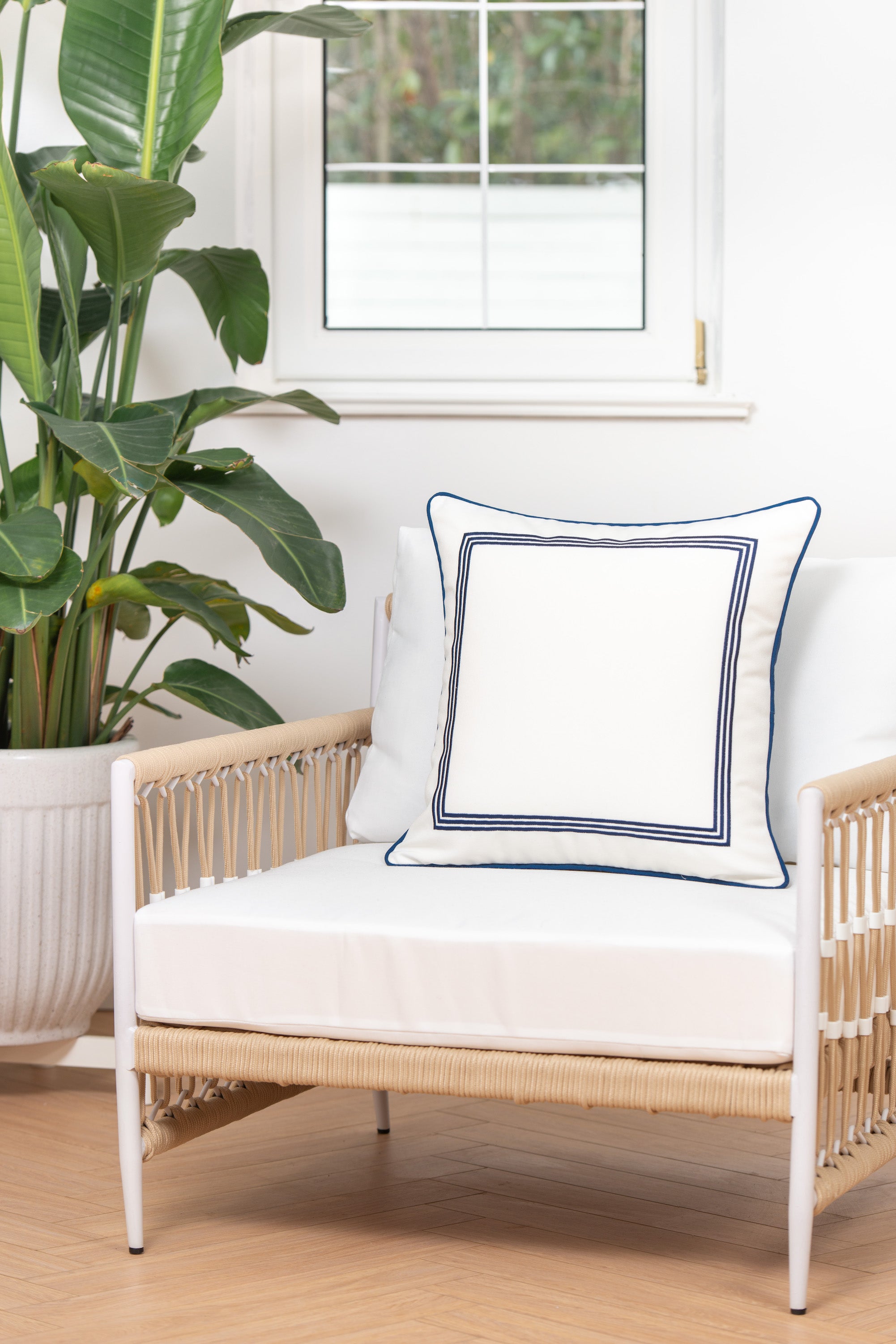 Coastal Outdoor Throw Pillow Cover, Embroidered Square Line, Navy