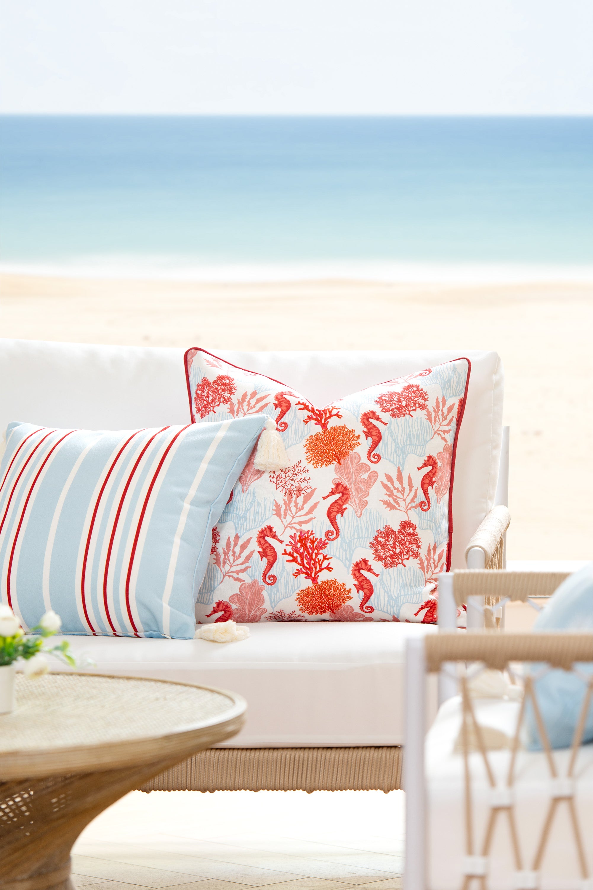 Coastal Striped Throw Pillow Cover, Tassel, Baby Blue Red Hofdeco