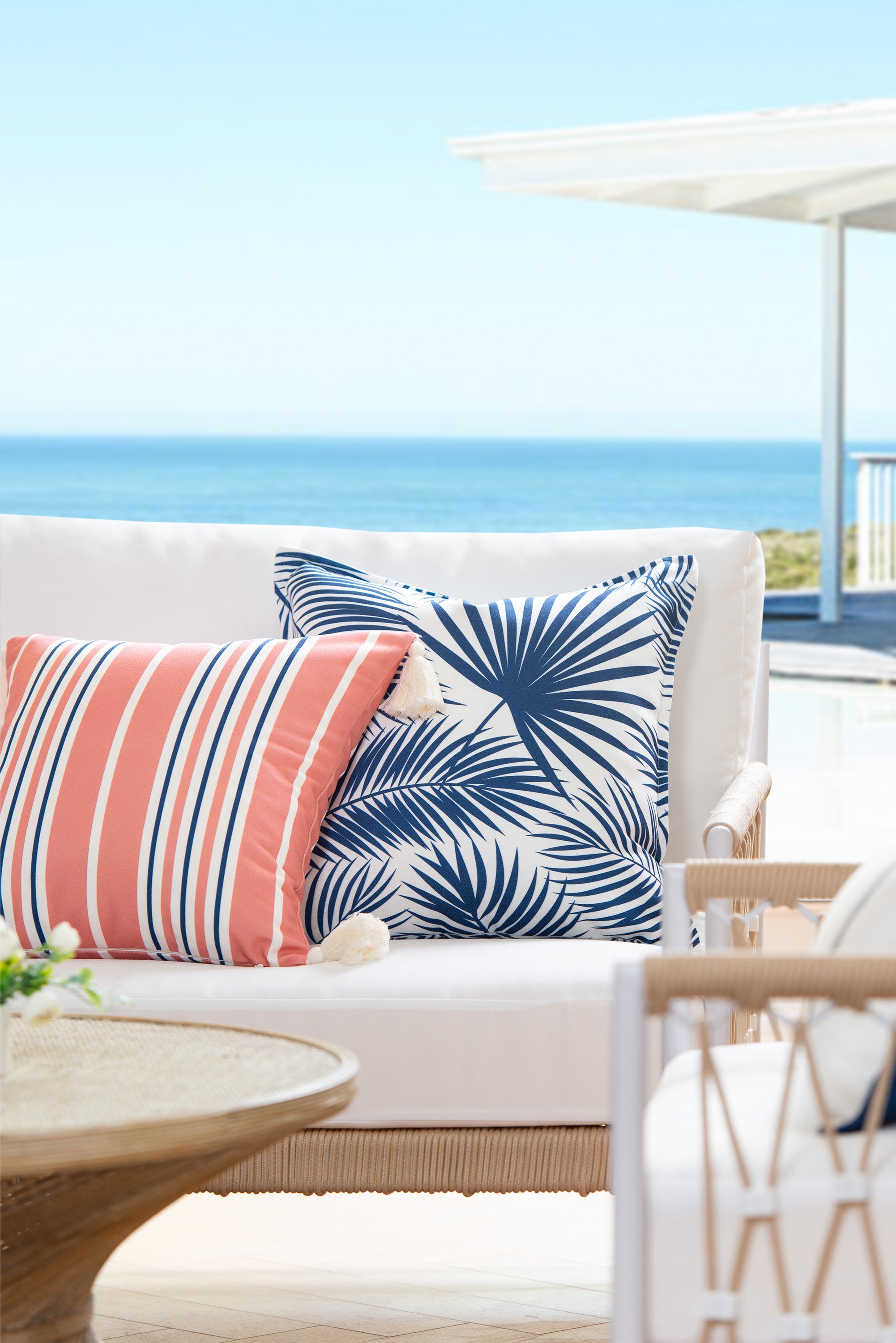 Coastal Coral Pink Throw Pillow Cover, Stripe Tassel, Navy Blue