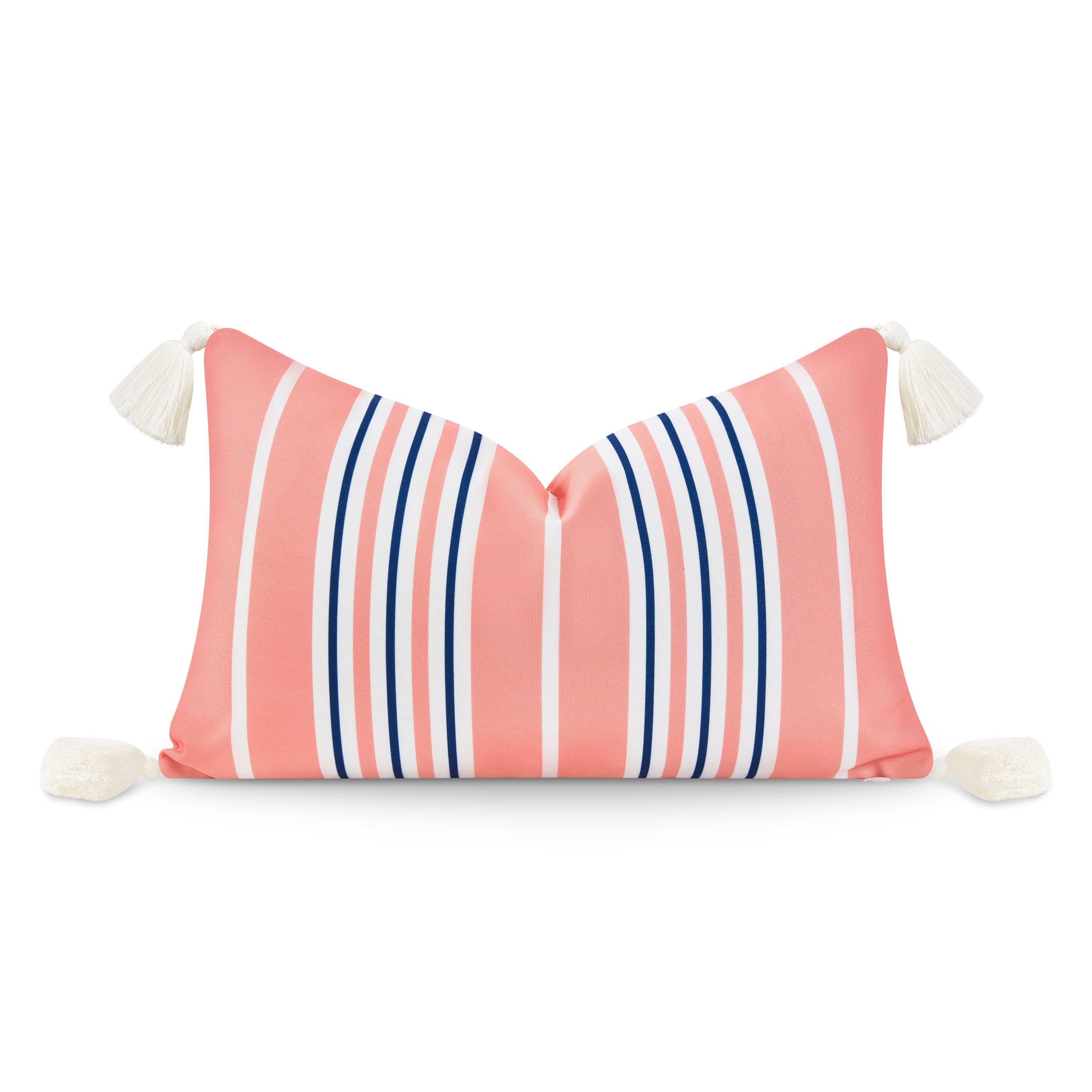 Coastal Coral Pink Pillow Cover, Stripe Tassel, Navy Blue Hofdeco