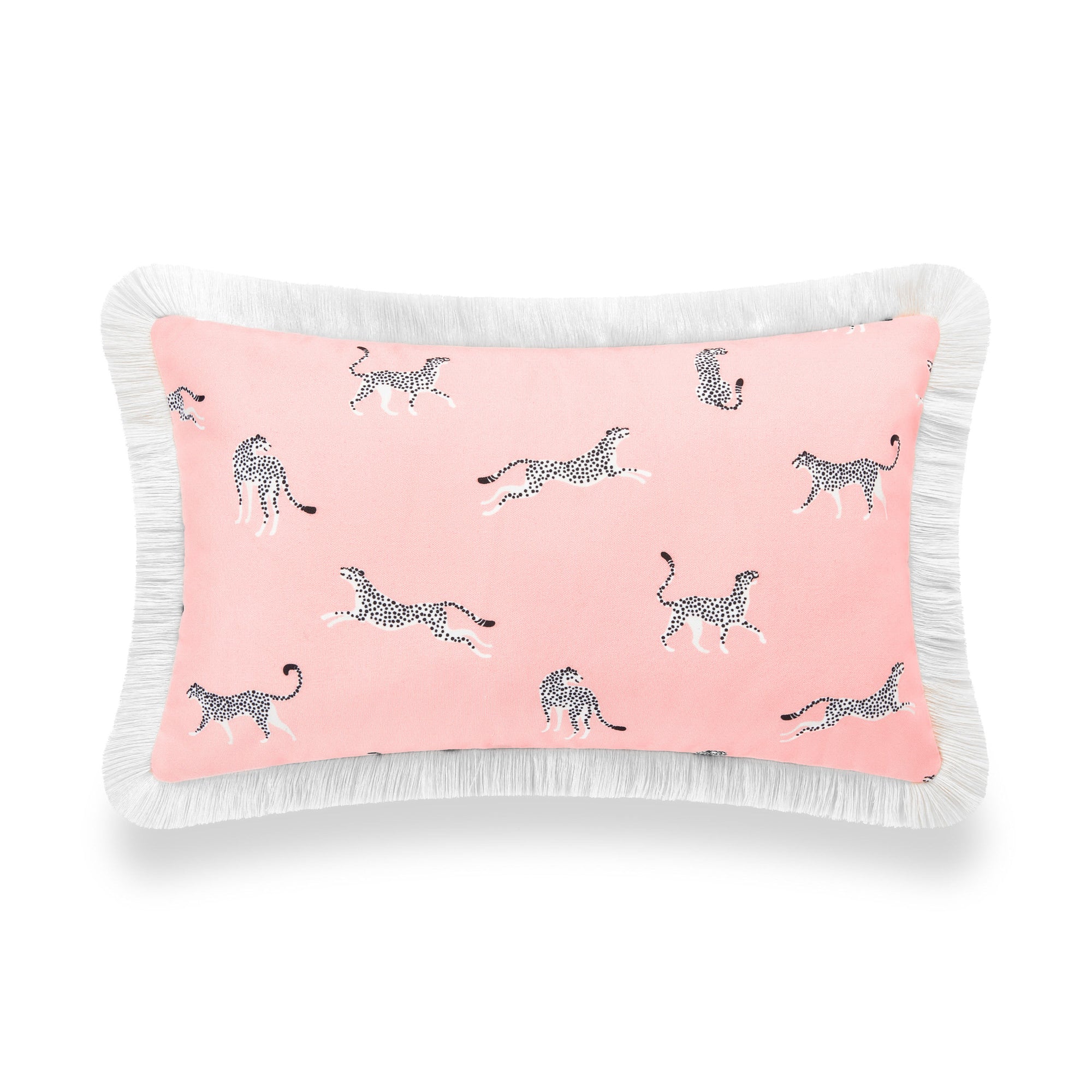 Tropical Indoor Outdoor Lumbar Pillow Cover, Leopard Fringe, Pink, 12"x20"