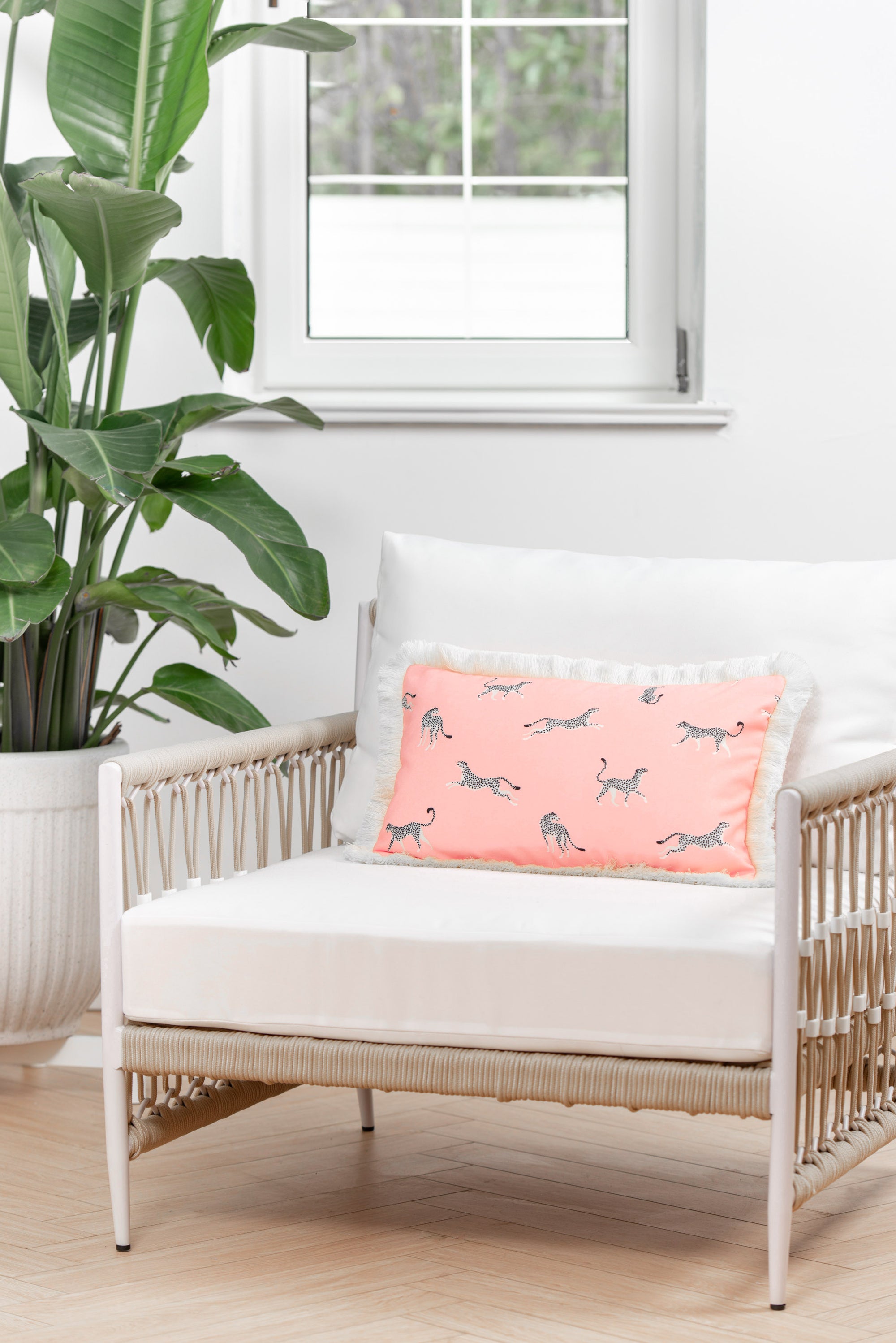Tropical Indoor Outdoor Lumbar Pillow Cover, Leopard Fringe, Pink, 12"x20"