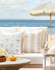 Fall Coastal Indoor Outdoor Pillow Cover, Stripe Fringe, Neutral Tan, 20"x20"