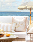 Fall Coastal Indoor Outdoor Lumbar Pillow Cover, Stripe Fringe, Neutral Tan, 12"x20"