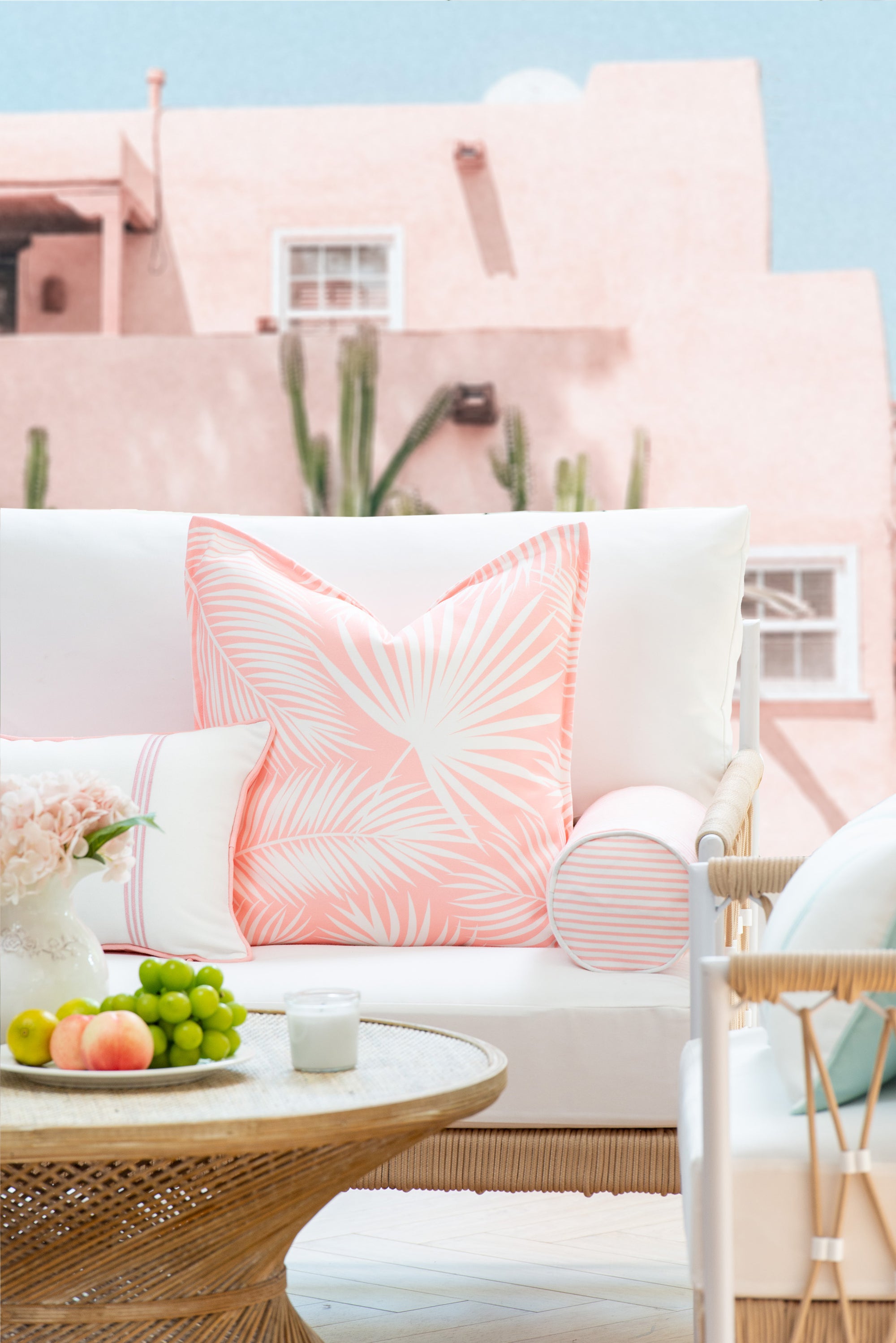 Coastal Indoor Outdoor Bolster Pillow Cover, Stripe, Blush Pink, 6"x20"