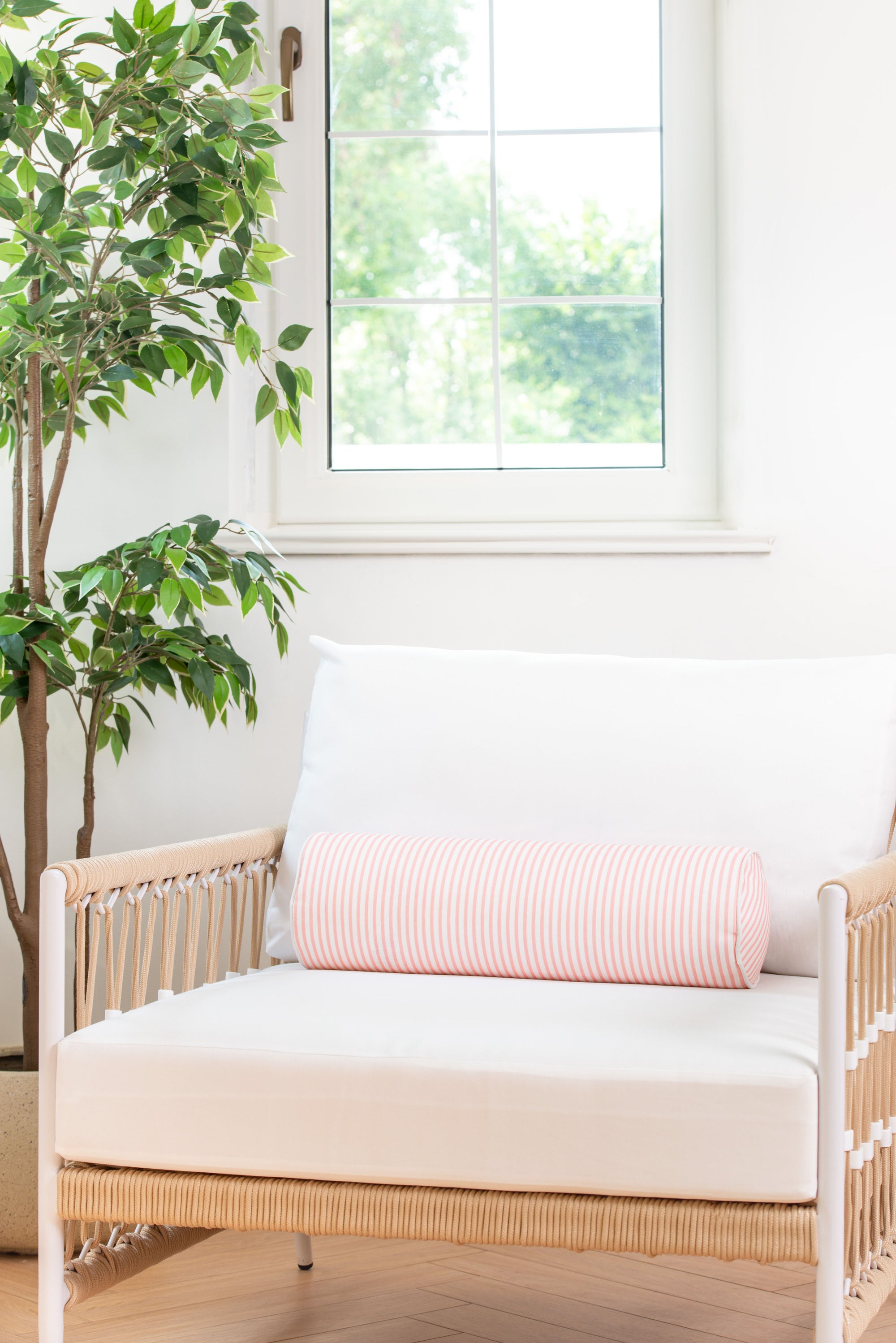 Coastal Indoor Outdoor Bolster Pillow Cover, Stripe, Blush Pink, 6"x20"