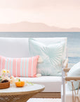Coastal Indoor Outdoor Lumbar Pillow Cover, Stripe Tassel, Muted Aqua Blush Pink, 12"x20"