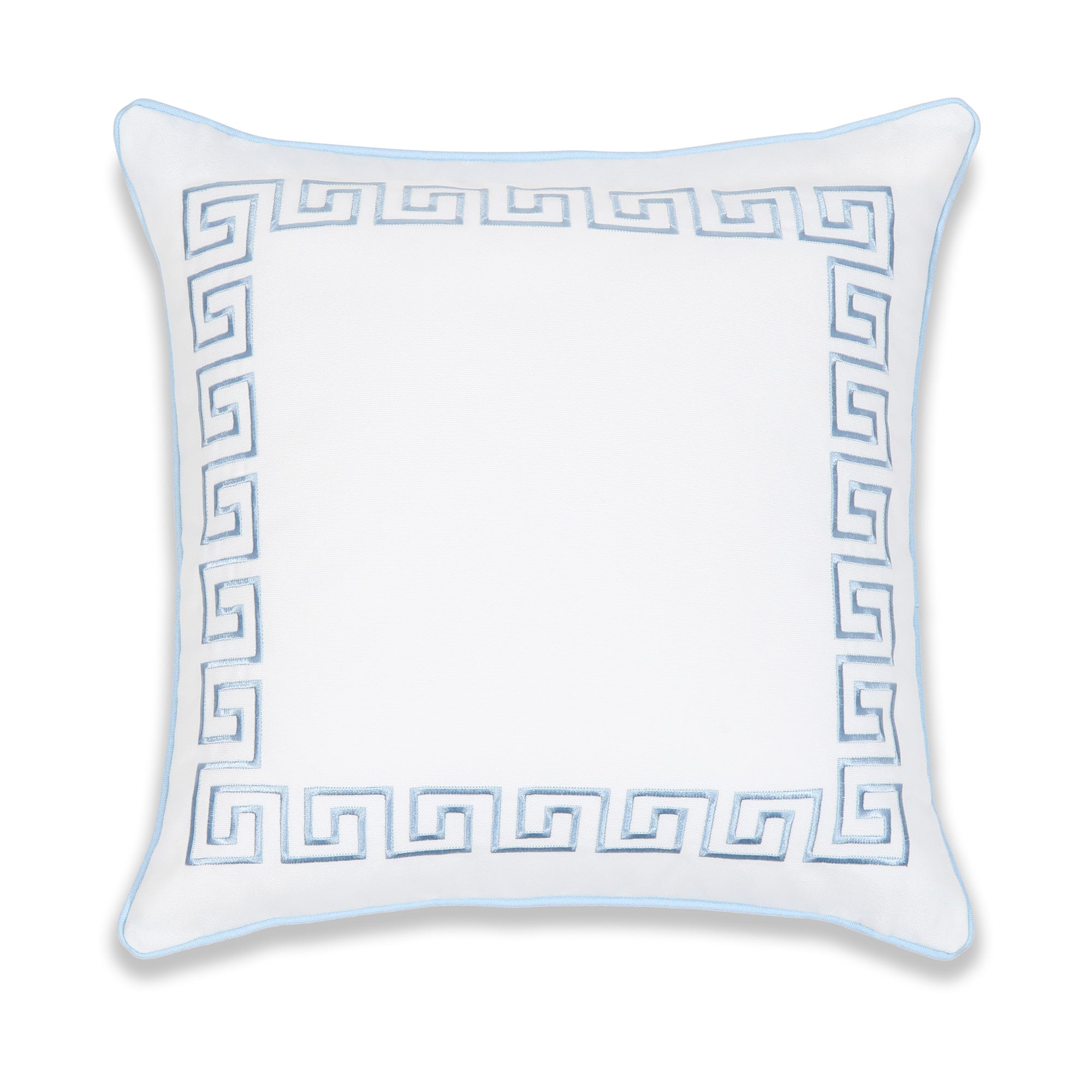 Coastal Indoor Outdoor Throw Pillow Cover, Embroidered Greek Key with Piping, Baby Blue, 20"x20"