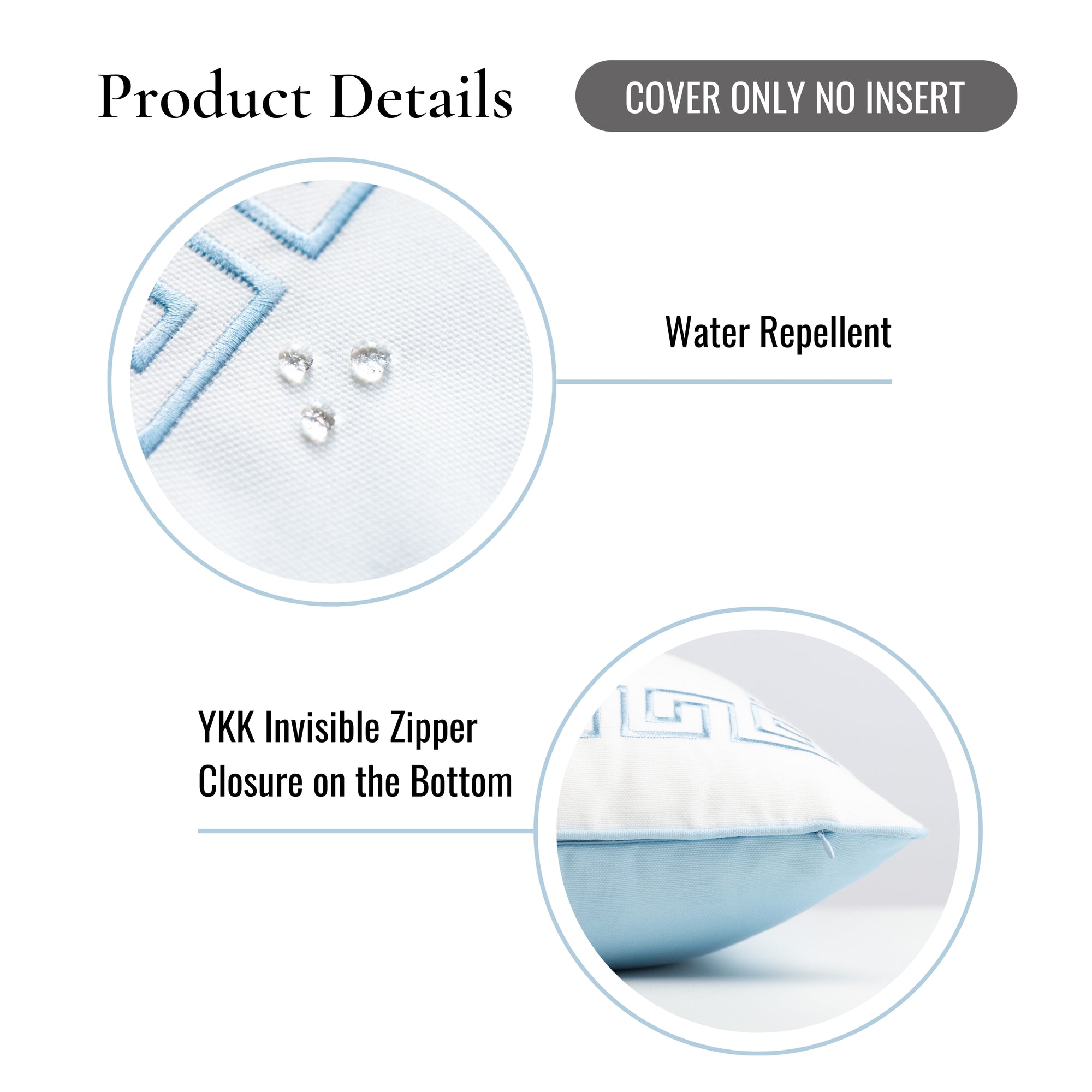 Coastal Indoor Outdoor Throw Pillow Cover, Embroidered Greek Key with Piping, Baby Blue, 20"x20"