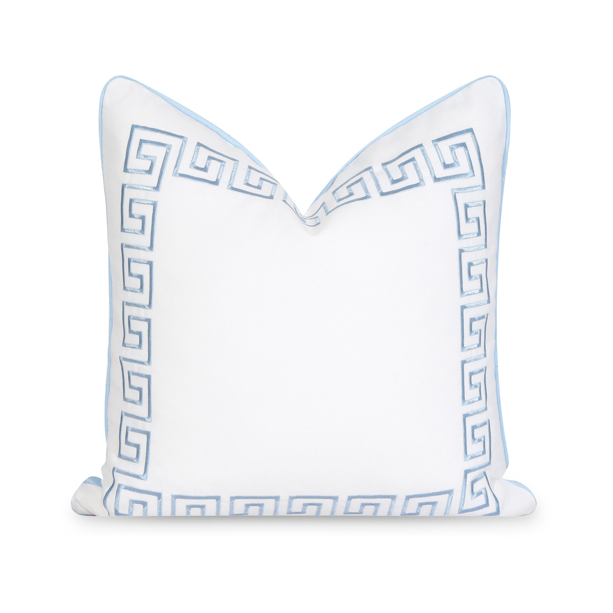 Coastal Indoor Outdoor Throw Pillow Cover, Embroidered Greek Key with Piping, Baby Blue, 20"x20"