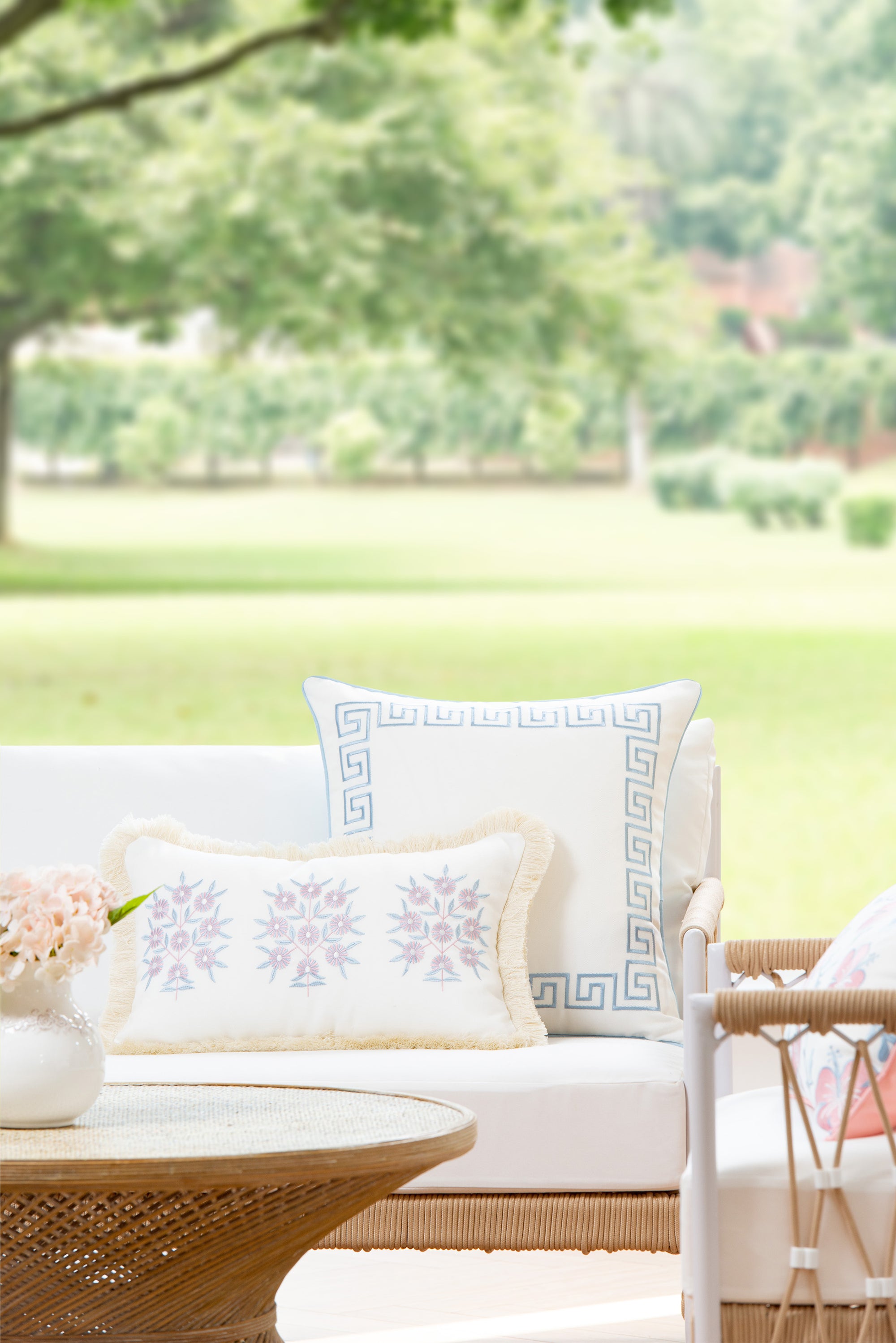 Coastal Indoor Outdoor Throw Pillow Cover, Embroidered Greek Key with Piping, Baby Blue, 20"x20"