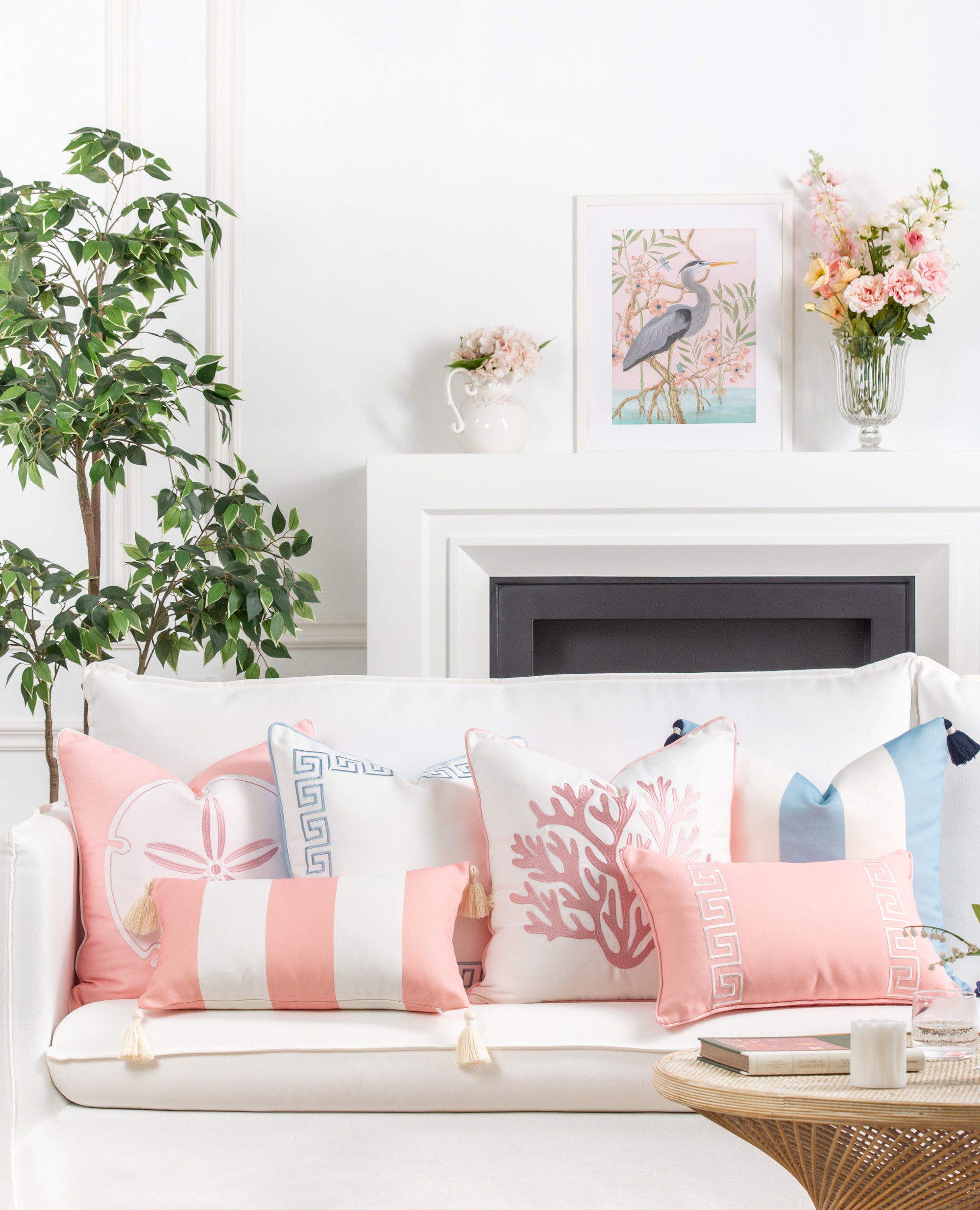 Coastal Indoor Outdoor Throw Pillow Cover, Embroidered Greek Key with Piping, Baby Blue, 20"x20"