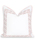 Coastal Indoor Outdoor Throw Pillow Cover, Embroidered Greek Key with Piping, Blush Pink, 20"x20"