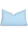 Coastal Indoor Outdoor Lumbar Pillow Cover, Embroidered Greek Key with Piping, Baby Blue, 12"x20"