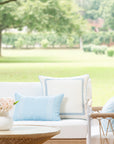 Coastal Indoor Outdoor Lumbar Pillow Cover, Embroidered Greek Key with Piping, Baby Blue, 12"x20"