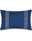 Coastal Indoor Outdoor Lumbar Pillow Cover, Embroidered Greek Key with Piping, Navy Blue, 12"x20"