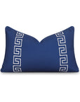 Coastal Indoor Outdoor Lumbar Pillow Cover, Embroidered Greek Key with Piping, Navy Blue, 12"x20"