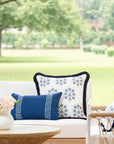 Coastal Indoor Outdoor Lumbar Pillow Cover, Embroidered Greek Key with Piping, Navy Blue, 12"x20"