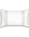 Coastal Indoor Outdoor Lumbar Pillow Cover, Embroidered Greek Key with Piping, Neutral Tan, 12"x20"