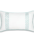 Coastal Indoor Outdoor Lumbar Pillow Cover, Embroidered Greek Key with Piping, Aqua, 12"x20"