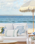 Coastal Indoor Outdoor Lumbar Pillow Cover, Embroidered Greek Key with Piping, Aqua, 12"x20"