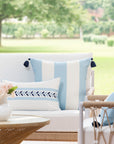 Coastal Indoor Outdoor Throw Pillow Cover, Wide Stripes with Tassels, Baby Blue, 20"x20"