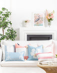 Coastal Indoor Outdoor Throw Pillow Cover, Embroidered Greek Key with Piping, Blush Pink, 20"x20"