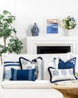 Coastal Indoor Outdoor Throw Pillow Cover, Embroidered Frame Greek Key, Navy Blue, 20"x20"
