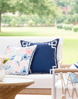 Coastal Indoor Outdoor Throw Pillow Cover, Embroidered Frame Greek Key, Navy Blue, 20"x20"