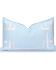 Coastal Indoor Outdoor Lumbar Pillow Cover, Embroidered Frame Greek Key, Baby Blue, 12"x20"
