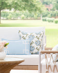Coastal Indoor Outdoor Lumbar Pillow Cover, Embroidered Frame Greek Key, Baby Blue, 12"x20"