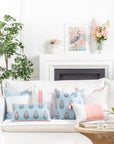 Coastal Indoor Outdoor Throw Pillow Cover, Floral with Piping, Baby Blue Blush Pink, 18"x18"