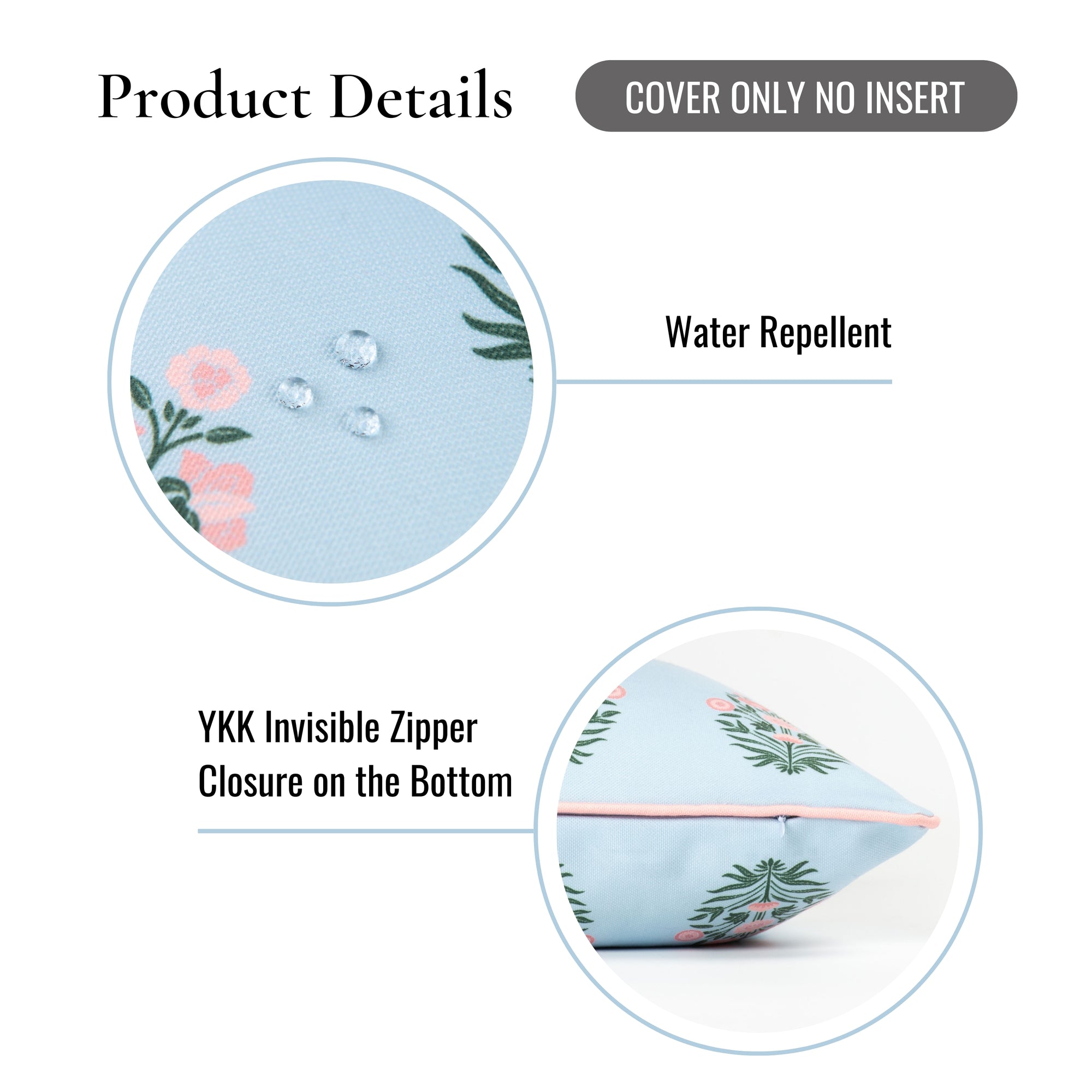 Coastal Indoor Outdoor Lumbar Pillow Cover, Floral with Piping, Baby Blue Blush Pink, 12"x20"