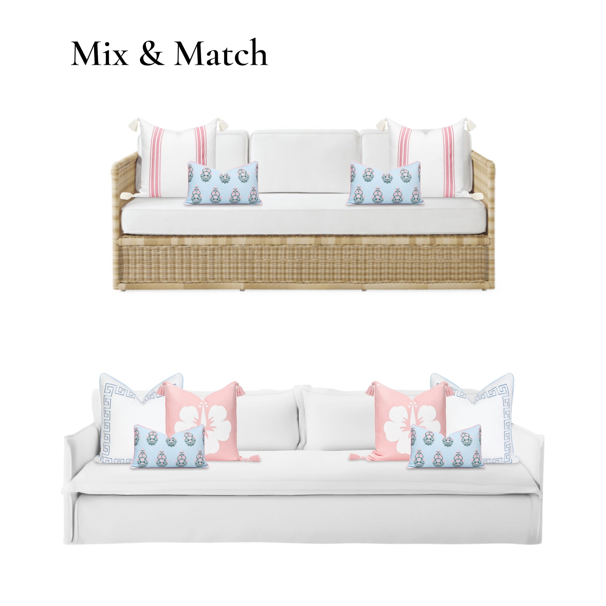 Coastal Indoor Outdoor Lumbar Pillow Cover, Floral with Piping, Baby Blue Blush Pink, 12"x20"