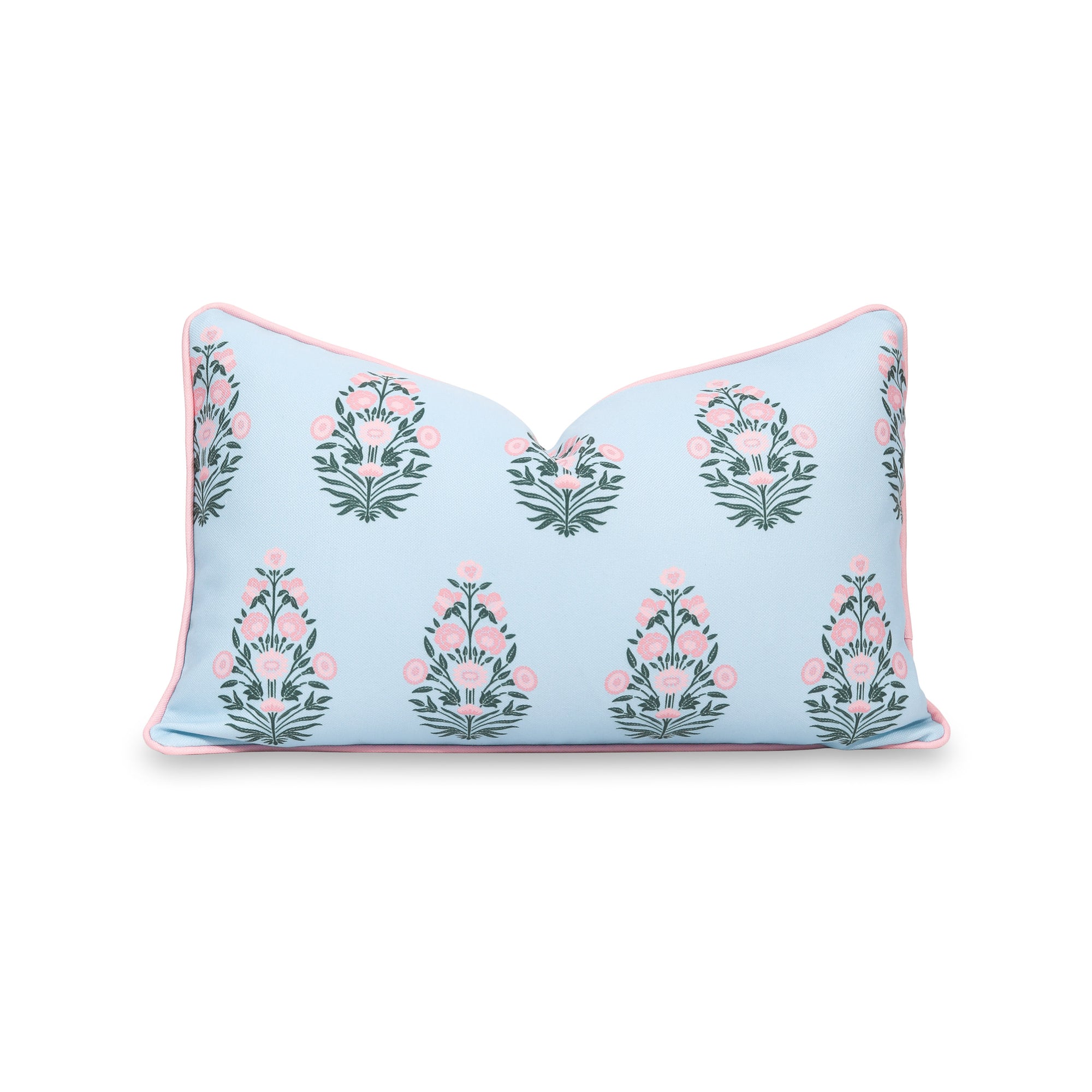 Coastal Indoor Outdoor Lumbar Pillow Cover, Floral with Piping, Baby Blue Blush Pink, 12"x20"