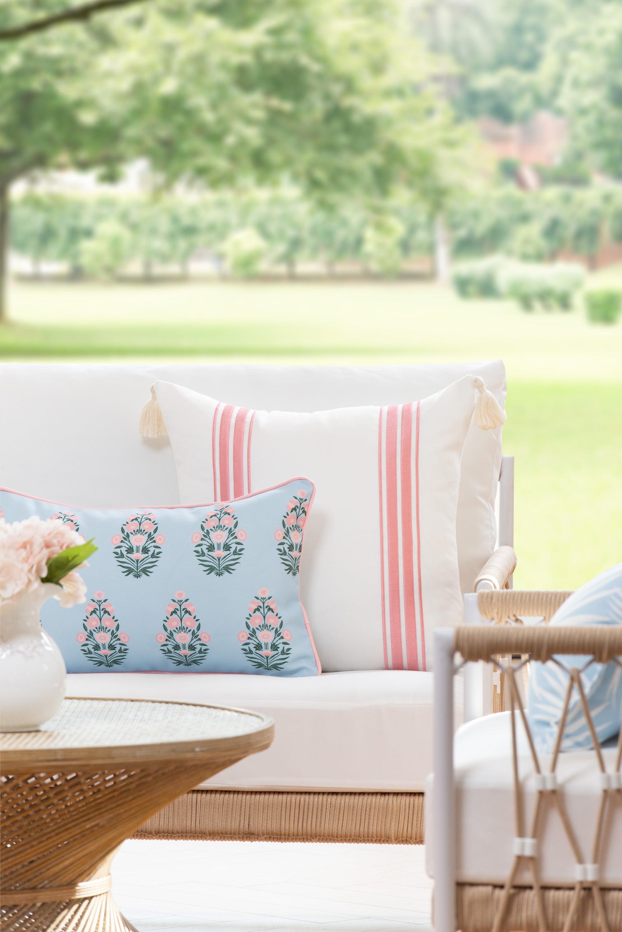 Coastal Indoor Outdoor Lumbar Pillow Cover, Floral with Piping, Baby Blue Blush Pink, 12"x20"