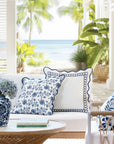 Coastal Indoor Outdoor Scalloped Throw Pillow Cover Only, Begonia Pattern Chain Frame, Navy Blue, 20"x20"