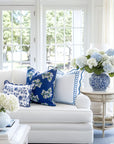 Coastal Indoor Outdoor Scalloped Lumbar Pillow Cover Only, Dahlia Floral, Navy Blue, 12"x20"