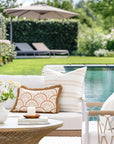 Kapalei Ravenala Scallops, Indoor/Outdoor Tan Lumbar Pillow Cover, with Fringe, 12"x20"