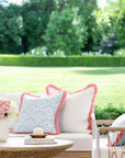 Kapalei Ravenala Scallops, Indoor/Outdoor Blue Pillow Cover, with Pink Fringe, 20"x20"