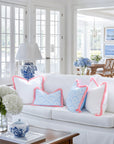 Kapalei Ravenala Scallops, Indoor/Outdoor Blue Pillow Cover, with Pink Fringe, 20"x20"