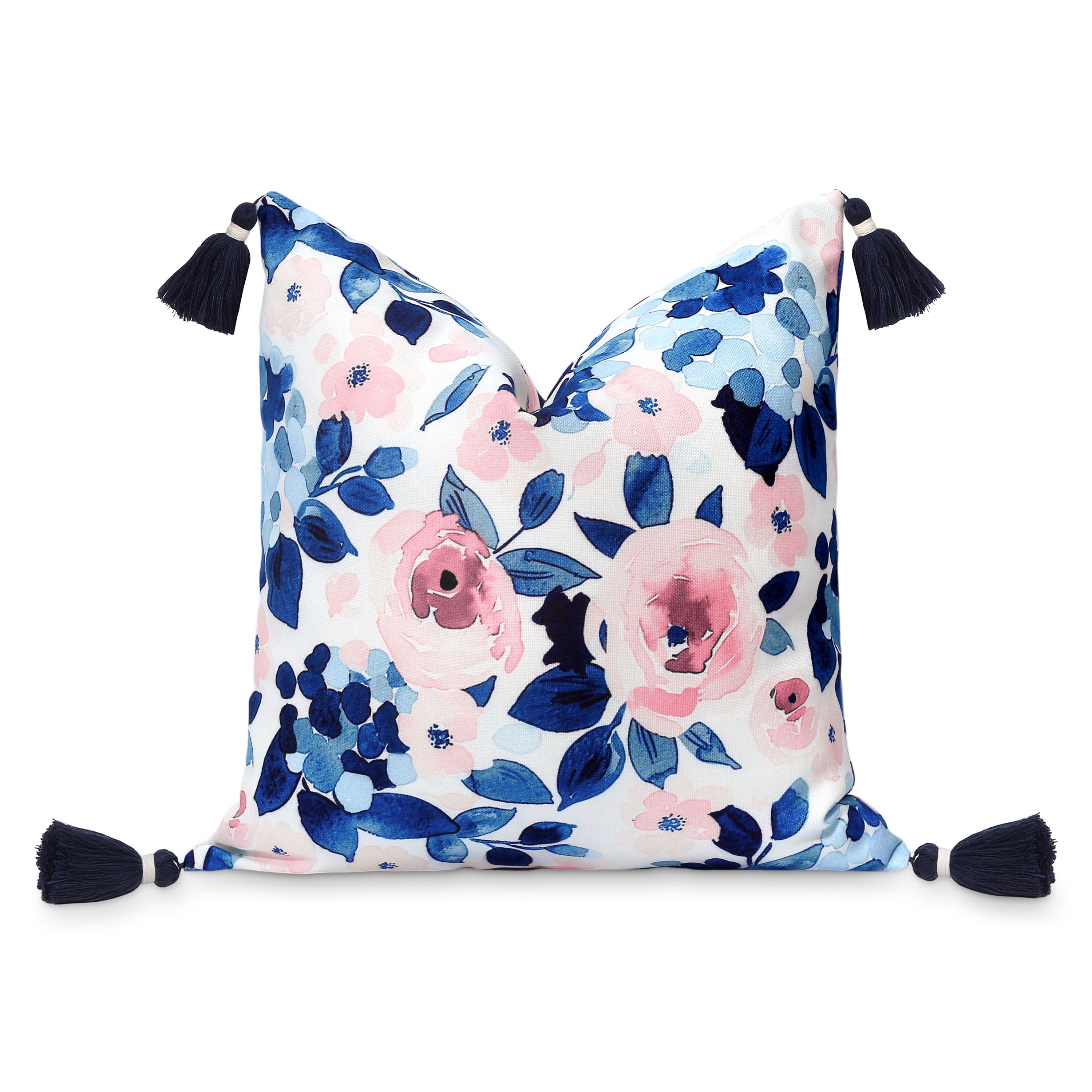 Coastal Indoor Outdoor Throw Pillow Cover Only, Watercolor Rose and  Hydrangea Flower, Navy Blue Blush Pink, 18