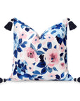 Coastal Indoor Outdoor Throw Pillow Cover Only, Watercolor Rose and Hydrangea Flower, Navy Blue Blush Pink, 18"x18"