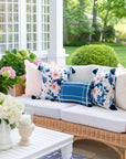 Coastal Indoor Outdoor Throw Pillow Cover Only, Watercolor Rose and Hydrangea Flower, Navy Blue Blush Pink, 18"x18"