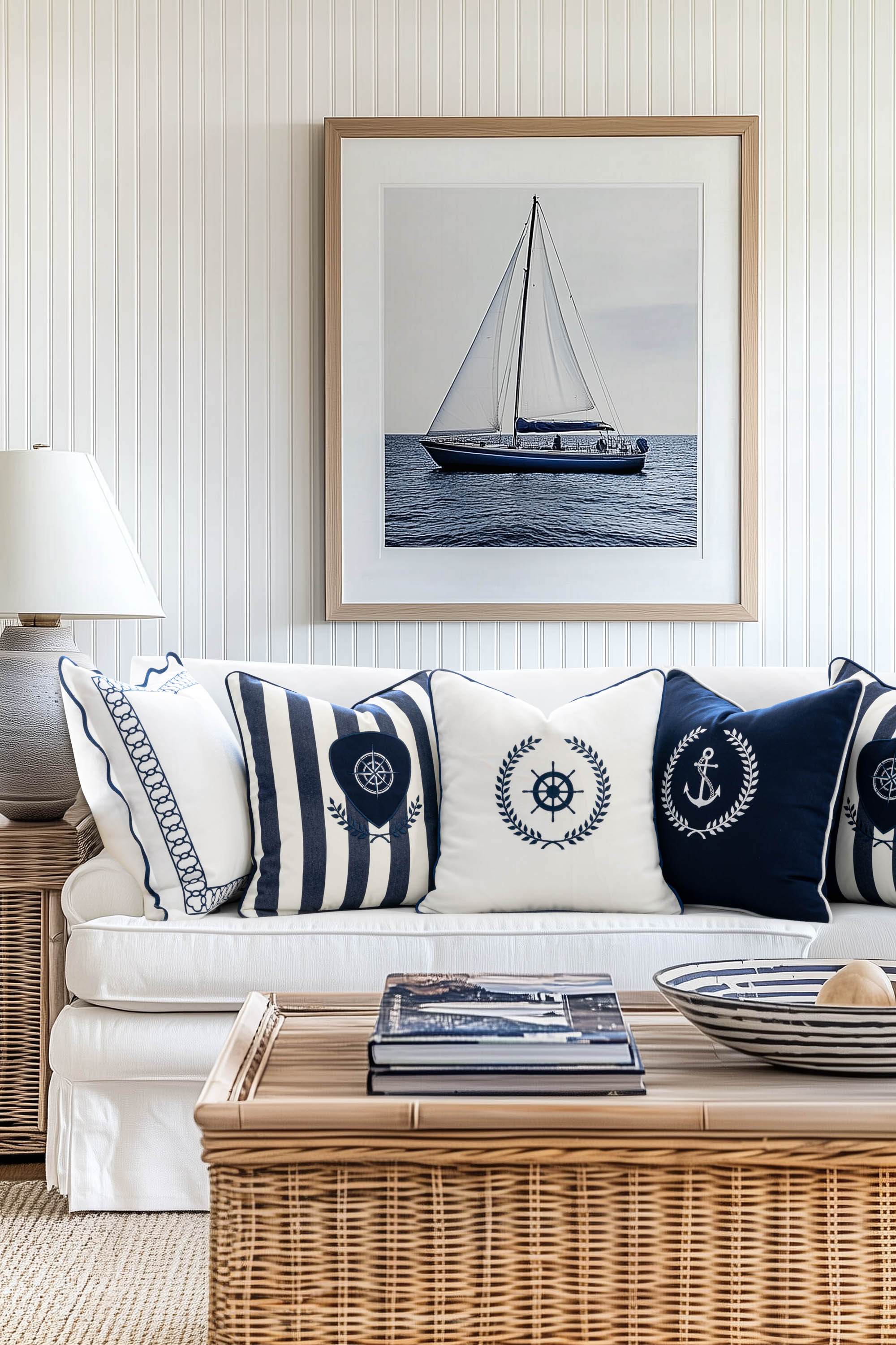 Coastal Navy Blue Outdoor Pillow Cover, Nautical Yacht Anchor