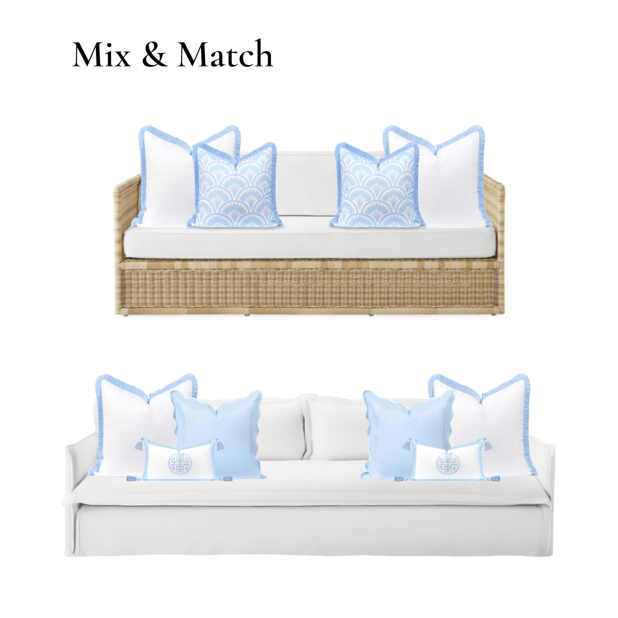 Coastbay, Indoor/Outdoor Blue and White Throw Pillow Cover, Solid with Fringe, 22"x22"