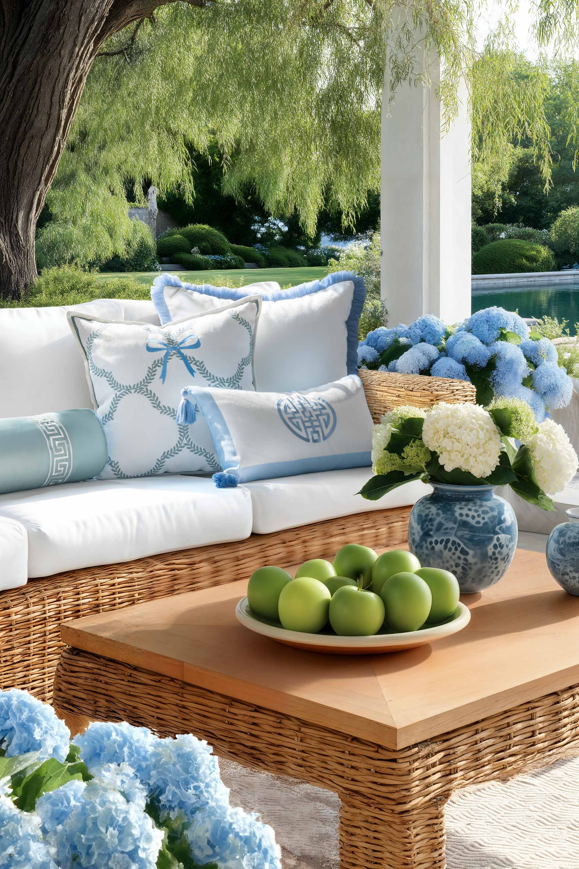 Coastbay, Indoor/Outdoor Blue and White Throw Pillow Cover, Solid with Fringe, 22"x22"